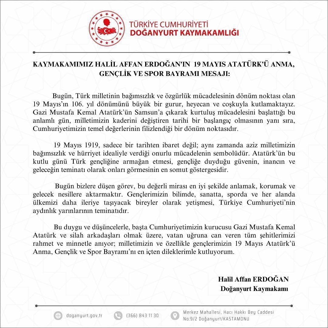 KAYMAKAMIMIZ HALİL AFFAN ERDOĞAN’IN 19 MAYIS ATATÜRK’Ü ANMA, GENÇLİK VE SPOR BAYRAMI MESAJI: